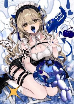 1girl absurdres apron black_shoes blonde_hair breasts cake cleavage drill_hair drill_sidelocks fangs food fork gmpoo93 hair_between_eyes hand_up highres large_breasts loafers looking_at_viewer maid maid_apron maid_headdress open_mouth original shoes sidelocks sitting socks solo symbol-shaped_pupils teeth thigh_strap tongue tongue_out upper_teeth_only wariza white_apron white_socks