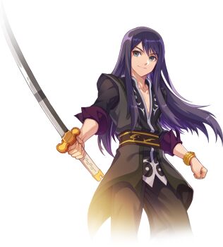 Rule 34 | 1boy, alpha transparency, artist request, black coat, black hair, black pants, black shirt, bracelet, brown sash, closed mouth, coat, collarbone, cowboy shot, gold bracelet, grey eyes, highres, holding, holding sword, holding weapon, jewelry, long hair, long sidelocks, looking to the side, male focus, nexon, official art, pants, pectoral cleavage, pectorals, scabbard, second-party source, sheath, shirt, sidelocks, simple background, single bracelet, sleeve cuffs, sleeveless, sleeveless coat, smile, solo, straight hair, sword, tales of (series), tales of vesperia, tales weaver, three-quarter sleeves, transparent background, weapon, yuri lowell