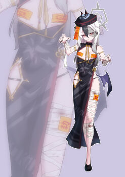 1girl absurdres bandaged_arm bandaged_leg bandages black_dress black_hair black_hat black_nails black_shoes blue_archive breast_cutout breasts china_dress chinese_clothes closed_mouth demon_girl demon_horns demon_wings dress ear_piercing earrings grey_halo hair_behind_ear hair_between_eyes halo hat highres horns jewelry jiangshi kayoko_(blue_archive) long_hair looking_at_viewer multicolored_hair ofuda ofuda_on_head ofuda_on_nipples pasties piercing shoes side_slit single_wing small_breasts smile so-ko solo stitched_face stitches stud_earrings two-tone_hair white_hair wings