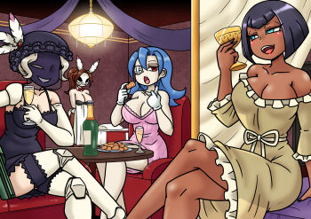 4girls alcohol alternate_costume arm_cannon aruse_yuushi black_dahlia black_hair blue_eyes blush bob_cut bonnie_(skullgirls) breasts chair chalice champagne champagne_bottle champagne_flute cleavage collarbone crossed_legs cup cyborg dark-skinned_female dark_skin drinking_glass eating elbow_gloves eliza_(skullgirls) eyepatch feather_hair_ornament frilled_thigh_strap gloves grenade_launcher grey_hair hair_down hair_ornament hat hat_feather indoors large_breasts latex latex_gloves looking_at_another looking_to_the_side mask mask_pull mouth_mask multiple_girls nightcap nightgown open_mouth plate red_eyes red_lips sitting skull_mask skullgirls smile surgical_mask thigh_strap valentine_(skullgirls) veil weapon