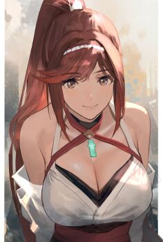 1girl bare_shoulders breast_focus breasts chest_jewel cleavage close-up core_crystal_(xenoblade) criss-cross_halter dark_red_hair detached_sleeves glimmer_(xenoblade) halterneck high_ponytail highres j@ck japanese_clothes kimono large_breasts long_hair looking_at_viewer ponytail red_hair revision smile solo swept_bangs white_kimono wide_sleeves xenoblade_chronicles_(series) xenoblade_chronicles_3 xenoblade_chronicles_3:_future_redeemed