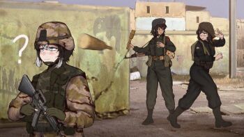 2girls ? ak-47 assault_rifle baghdad beret black_hair blue_eyes brown_hair clueless commission explosive grenade grin gun hat helmet highres holding holding_grenade holding_hands holding_weapon iaart1 imminent_attack iraq_war iraqi_army iraqi_flag kalashnikov_rifle ko_winters looking_at_another looking_at_viewer m16 medium_hair military_uniform mole mole_under_eye multicolored_hair multiple_girls nada_(that_cs_alfredo) original puerto_rican_flag rg-14_hand_grenade rifle road samira_(detcordcowboy) sidelocks smile statue street sweatdrop sword swords_of_qadisiyah tail teeth throwing united_states_army war weapon white_streaks