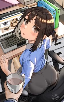 1boy 1girl artist_name ass binder blue_shirt blush brown_hair chair coffee coffee_mug computer cup desk douki-chan_(douki-chan) enma_(enmanuelart) eyelashes full_body ganbare_douki-chan grey_eyes high_heels highres laptop lingerie looking_at_viewer looking_back mug office_chair office_lady open_mouth pantyhose pantylines pencil_skirt ponytail shiny_clothes shirt short_ponytail sitting skirt solo sweat swivel_chair underwear window_(computing)