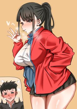 Rule 34 | 1boy, 1girl, absurdres, black eyes, black hair, black skirt, blue ribbon, blush, boyfriend (yoru mac), breasts, bright pupils, commentary request, cowboy shot, fellatio gesture, food in mouth, girlfriend (yoru mac), hand in pocket, hand up, heart, highres, inset, jacket, large breasts, long hair, looking at viewer, miniskirt, neck ribbon, open clothes, open jacket, open mouth, orange background, pleated skirt, ponytail, red jacket, ribbon, school uniform, shirt, simple background, skirt, solo focus, white pupils, white shirt, woo (woosan), yoru mac