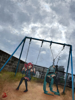 2girls accident aqua_hair black_thighhighs collared_shirt commentary_request detached_sleeves drill_hair hatsune_miku highres hylran0427 kasane_teto long_hair multiple_girls necktie open_mouth outdoors red_eyes red_hair red_necktie red_skirt shirt skirt sleeveless stuck swing swing_set thighhighs twin_drills vocaloid