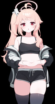 1girl :o ahoge bare_shoulders belly_grab black_camisole black_jacket black_shirt black_shorts black_thighhighs blue_archive blush camisole collarbone commentary_request flab flat_chest halo highres jacket long_hair looking_down moyashi_dorobou natsu_(blue_archive) navel open_clothes open_jacket pink_hair pink_halo plump red_eyes shirt shorts side_ponytail single_sidelock skindentation solo thick_thighs thighhighs thighs