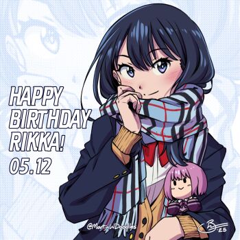 Rule 34 | 1girl, artist name, black hair, black jacket, blue background, blue eyes, blue scarf, blush, bow, bowtie, cardigan, character doll, clothes grab, commentary, dated, doll, english text, gridman universe, happy birthday, highres, holding, holding stuffed toy, jacket, long hair, long sleeves, looking at viewer, martinwdoodles, neckwear grab, pink hair, purple bow, purple jacket, red bow, red bowtie, scarf, scarf grab, school uniform, shinjou akane, shirt, signature, smile, ssss.gridman, stuffed animal, stuffed toy, takarada rikka, white background, white shirt, yellow cardigan, zoom layer