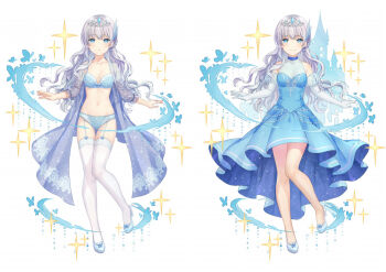 1girl animal_ears blue_bra blue_coat blue_dress blue_eyes blue_panties blue_shoes bra breasts bug butterfly chocomirukuaji cleavage coat commentary dress elbow_gloves garter_straps gloves grey_hair insect lingerie long_hair medium_breasts navel original panties see-through_cleavage see-through_clothes shoes smile sparkle thighhighs tiara underwear wavy_hair white_gloves white_thighhighs