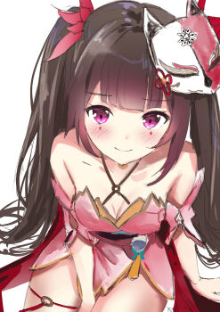 absurdres aizawa_(aizawatsu) blush brown_hair dress from_above highres honkai:_star_rail honkai_(series) leg_ribbon looking_at_viewer pink_dress pink_eyes ribbon sitting smile sparkle_(honkai:_star_rail)