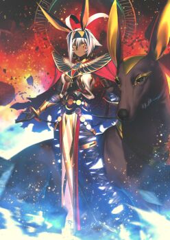 1girl ancient_egyptian_clothes animal animal_ears ankh ankh_necklace asymmetrical_sidelocks bandaged_arm bandaged_leg bandages belt black_bandages blue_hair blue_headband blue_skin breasts cape closed_mouth colored_skin dark-skinned_female dark_skin earrings expressionless eye_of_horus facial_mark fate/grand_order fate_(series) floating_hair full_body game_cg glowing_skin gold_bracer gold_earrings gold_thighlet hair_between_eyes hands_up headband high_collar hoop_earrings implied_extra_ears jackal jackal_ears jewelry legs_apart light_particles looking_at_viewer medium_breasts multicolored_hair multicolored_skin nitocris_(fate) nitocris_alter_(fate) nitocris_alter_(second_ascension)_(fate) no_pants official_art pelvic_curtain red_cape shima_udon short_hair sideless_outfit sidelocks solo standing streaked_hair thighlet third-party_source torn_cape torn_clothes two-tone_hair two-tone_headband two-tone_skin underboob underbust variant_set very_dark_skin white_hair yellow_eyes yellow_headband