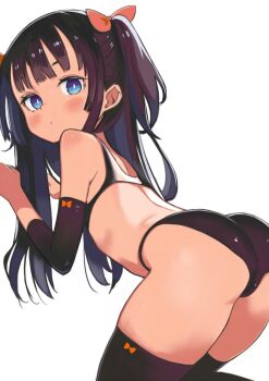 1girl ass black_hair black_panties black_thighhighs blue_eyes blush bra breasts highres long_hair monomono original panties petite simple_background small_breasts thighhighs twintails underwear unfinished white_background