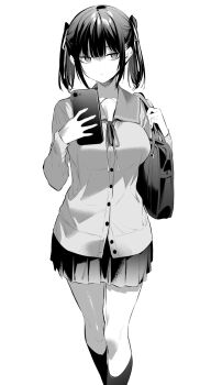 1girl bag breasts cardigan closed_mouth collarbone greyscale hair_ribbon haite_kudasai_takamine-san highres hiiragi_yuuichi holding holding_phone kneehighs kurosaki_rurika large_breasts long_sleeves miniskirt monochrome partially_unbuttoned phone pleated_skirt ribbon sailor_collar school_bag school_uniform short_hair sidelocks skirt socks solo twintails