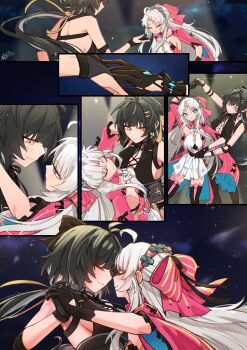 2girls ahoge aqua_eyes bare_shoulders black_dress black_hair bow breasts carlotta_(wuthering_waves) closed_eyes closed_mouth commentary_request cross-laced_clothes cross-laced_dress dancing dated dress eye_contact female_rover_(wuthering_waves) hair_bow hair_ornament hair_ribbon hairband hairclip highres jacket large_breasts long_hair looking_at_another low_ponytail multiple_girls parallel_hairclips pink_bow pink_hairband pink_jacket ponytail ribbon rover_(wuthering_waves) sidelocks signature smile starblame striped_bow white_dress wuthering_waves yellow_eyes yellow_ribbon yuri