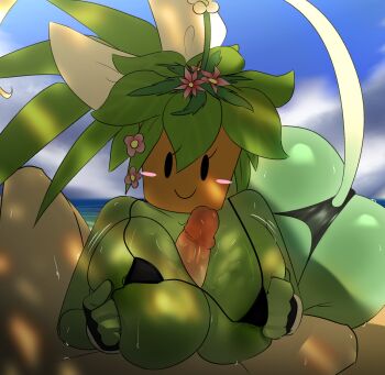 1boy 1girl blaster_master_zero breasts cleavage colored_skin green_skin highres huge_breasts kanna_(blaster_master_zero) lawgx paizuri plant