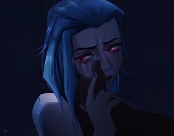 1girl arcane:_league_of_legends arcane_jinx blue_background blue_hair closed_mouth commentary english_commentary hand_on_another's_cheek hand_on_another's_face highres holding_hands jinx_(league_of_legends) league_of_legends long_hair looking_to_the_side makeup portrait purple_eyes runny_makeup sad shibansfw solo solo_focus