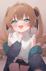 Rule 34 | 1girl, :d, ahoge, belt, black jacket, black ribbon, black shorts, blue eyes, blush, brown hair, drill hair, finger to cheek, hair ribbon, highres, index finger raised, jacket, jacket partially removed, kumonoue yumemi, leaning forward, long hair, long sleeves, looking at viewer, off shoulder, open clothes, open jacket, open mouth, ribbon, shirt, short shorts, shorts, simple background, sleeveless, sleeveless shirt, smile, solo, tofu1601, twintails, virtual youtuber, white shirt, yumemi channel