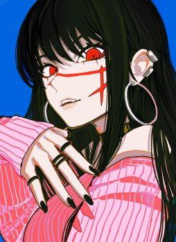 1girl absurdres aegyo_sal black_hair black_nails blue_background chainsaw_man earrings highres hoop_earrings jewelry long_hair long_sleeves looking_at_viewer multiple_rings off-shoulder_sweater off_shoulder open_mouth pink_sweater red_eyes ring ringed_eyes sailen0 simple_background sleeves_past_wrists solo sweater yoru_(chainsaw_man)