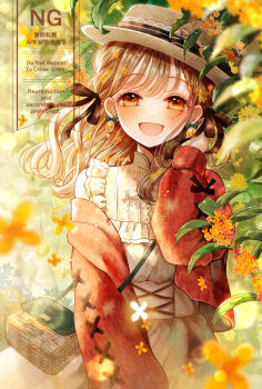 Rule 34 | 1girl, bag, black bow, blush, bow, brown hair, cardigan, commentary request, cowboy shot, day, earrings, eyelashes, floating hair, flower, gem, ginniroya, gold osmanthus, hair bow, happy, hat, highres, jewelry, leaf, long sleeves, looking at viewer, open mouth, orange eyes, orange flower, orange gemstone, original, outdoors, solo, sunlight, watermark, wind, wispy bangs, yellow flower