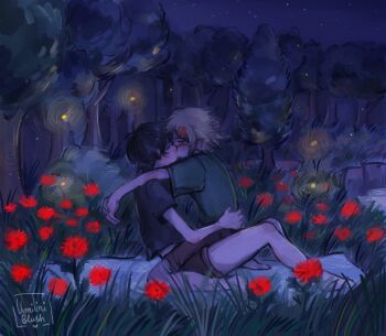 2boys barefoot basil_(faraway)_(omori) basil_(omori) black_hair blonde_hair boy_on_top couple flower green_shirt highres holding kiss male_focus multiple_boys night omori rose shirt short_hair shorts sky star_(sky) starry_sky sunny_(omori) tree umilini2 yaoi