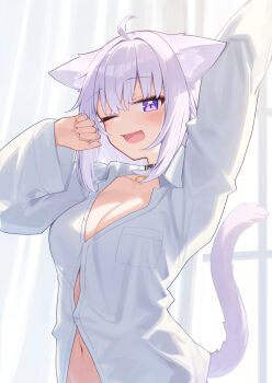 1girl absurdres animal_ears black_choker breasts cat_ears cat_girl cat_tail choker cleavage commentary_request deaver highres hololive long_sleeves looking_at_viewer medium_breasts naked_shirt navel nekomata_okayu nekomata_okayu_(oversized_shirt) one_eye_closed open_mouth purple_eyes purple_hair shirt short_hair solo tail virtual_youtuber white_shirt