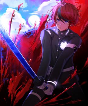 Rule 34 | 1boy, armband, belt, belt pouch, black hair, black jacket, blood, blue eyes, buttons, commentary, english commentary, feet out of frame, highres, holding, holding sword, holding weapon, jacket, kuronoclaire, last defense academy school uniform, long sleeves, male focus, multicolored hair, pants, parted lips, pouch, red hair, school uniform, solo, standing, streaked hair, sumino takumi, sword, the hundred line -last defense academy-, weapon, white belt