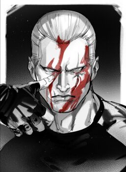 1boy fingerless_gloves gloves greyscale highres jack_krauser looking_at_viewer male_focus monochrome muscular non-web_source red_paint resident_evil scar tatsumi_(psmhbpiuczn)