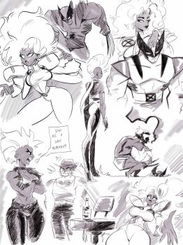 1boy 1girl assertive_female claw_(weapon) commentary english_commentary english_text exeiviermx highres lineart long_hair marvel monochrome muscular muscular_male sketch storm_(x-men) superhero_costume tall_female weapon wolverine_(x-men) x-men