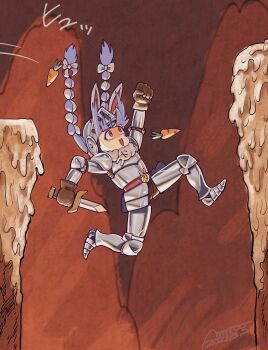 Rule 34 | 1girl, absurdres, animal ears, armor, belt, blue hair, braid, carrot, cliff, cosplay, dagger, dated, failure, falling, full armor, highres, hololive, knife, makaimura, rabbit ears, rabbit girl, ressanpanda, signature, sir arthur (makaimura), sir arthur (makaimura) (cosplay), solo, twin braids, usada pekora, virtual youtuber, weapon