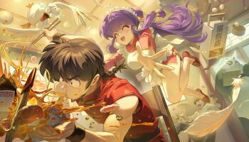 1girl 2boys abdooly111 absurdres apron bell bird black_hair braid braided_ponytail breasts chair cheek_bulge china_dress chinese_clothes chopsticks closed_eyes commentary_request dress duck eating egg_(food) feathers floating_hair food glomp hair_bell hair_ornament highres holding holding_chopsticks hug imminent_hug indoors jumping kamaboko large_breasts long_hair maid_apron maid_headdress meat mousse_(duck)_(ranma_1/2) multiple_boys narutomaki noodles on_chair open_mouth panda pink_dress purple_hair ranma_1/2 red_shirt red_shoes restaurant saotome_genma_(panda) saotome_ranma shampoo_(ranma_1/2) shirt shoes short_sleeves sidelocks single_braid sitting spilling steamed_bun white_apron