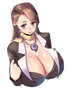 1girl ace_attorney breasts brown_eyes brown_hair commentary_request dress_suit gavel highres huge_breasts jewelry large_breasts magatama magatama_necklace mia_fey mole mole_under_mouth necklace phoenix_wright:_ace_attorney_-_trials_and_tribulations pinstripe_pattern pinstripe_vest quanero scarf solo vest yellow_scarf