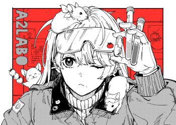 1girl animal arisaka_ako cardigan closed_mouth ear_piercing eyewear_on_head gloves hand_up holding holding_test_tube jacket mole mouse_(animal) mouse_on_head mouse_on_shoulder one_eye_closed original partially_colored piercing pill red_background solo sweater test_tube tomato