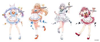 4girls :d ;d animal_ears apron back_bow blonde_hair blue_bow blue_bowtie blue_dress blue_hair blue_shoes bow bowtie braid breasts brooch buttons carrot_hair_ornament collared_dress color-coded commentary_request contrast_collar copyright_notice dark-skinned_female dark_skin double-breasted dress elf extra_ears food food-themed_hair_ornament frilled_apron frilled_dress frilled_socks frills full_body green_eyes grey_dress grey_hair grey_shoes hair_ornament hair_ribbon hand_on_own_hip hand_up hands_up headdress high_ponytail highres hikimayu holding holding_tray hololive hololive_fantasy houshou_marine jewelry kneehighs lapels large_bow large_breasts long_hair looking_at_viewer mary_janes miyadani_risa multicolored_hair multiple_girls notched_lapels official_alternate_costume official_art one_eye_closed open_mouth orange_dress orange_eyes orange_shoes parfait pointy_ears ponytail puffy_short_sleeves puffy_sleeves rabbit_ears rabbit_girl red_dress red_eyes red_hair red_shoes ribbon shiranui_flare shirogane_noel shoes short_eyebrows short_hair short_sleeves side_braid sidelocks simple_background smile socks streaked_hair striped_clothes striped_dress thick_eyebrows tray twin_braids twintails two-tone_hair usada_pekora vertical-striped_clothes vertical-striped_dress virtual_youtuber waist_apron waitress waving white_background white_bow white_hair white_socks wrist_cuffs yellow_bow yellow_bowtie