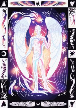 anatomy angel angel_wings animated animated_gif artist_name barefoot black_border black_horns black_skin bone border claws colored_skin commentary crescent demon diagram english_commentary extra_arms eyed_silhouette faceless feathered_wings full_body galaxy gradient_wings hand_up heart highres horns monochrome multicolored_wings neuron original ornate_border purple_background purple_theme purple_wings shooting_star silhouette skeleton snowlattes solo sparkle spine spot_color standing star_(sky) star_(symbol) tooth veins white_background white_border white_skin white_wings wings