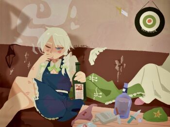 alcohol blue_eyes bottle bow braid breasts cleavage couch dartboard dress green_bow green_dress grmarsa hair_bow hat hong_meiling izayoi_sakuya knife lipstick_mark lipstick_mark_on_face lipstick_mark_on_leg lipstick_mark_on_neck on_couch one_eye_closed out_of_frame panties shadow smoke smoking table touhou twin_braids underwear unworn_hat unworn_headwear unworn_panties yuri