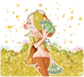 Rule 34 | 1girl, bandages, bare shoulders, black pants, blonde hair, chest sarashi, coin, colored extremities, gold hair, grin, hachimaki, hair over one eye, headband, holding, holding money, money, namuro, navel, nintendo, octoling, octopus girl, one eye covered, pants, pointy ears, red eyes, sarashi, shawl, shiver (deep cut outfit) (splatoon), shiver (splatoon), short hair, smile, sparkle, splatoon (series), splatoon 3, suction cups, teeth, tentacle hair, white background, wide hips