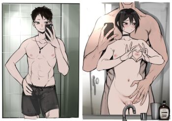 2boys 2n5 absurdres bathroom before_and_after black_hair blush bright_pupils choker completely_nude convenient_censoring embarrassed faucet grabbing_from_behind headless heart heart_hands highres holding holding_phone looking_to_the_side mirror mirror_selfie multiple_boys muscular muscular_male navel nipples nude original penis phone selfie short_hair shorts sink size_difference small_penis small_testicles testicles tiles trap white_pupils yaoi