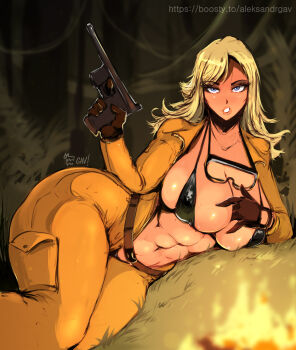 abs aleksandr_gav blonde_hair breasts eva_(metal_gear) gloves goggles gun handgun highres jumpsuit large_breasts mauser_c96 metal_gear_(series) shansi_type_17 watermark weapon web_address wide_hips