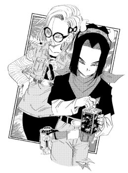 1boy 1girl android_17 android_18 artist_name belt belt_buckle bespectacled black-framed_eyewear bow brother_and_sister buckle churro crossover denim denim_jacket denim_skirt dragon_ball dragonball_z earrings eating fake_horns family_bonding fenyon food glasses greyscale hair_bow hairband holding holding_food holster hoop_earrings horizontal-striped_sleeves horn_hairband horns jacket jewelry leggings long_sleeves looking_at_food looking_to_the_side medium_hair monochrome neckerchief pants parted_hair popcorn r2-d2 red_ribbon_army short_sleeves siblings side_part skirt star_wars torn_clothes torn_jacket torn_pants twins undershirt