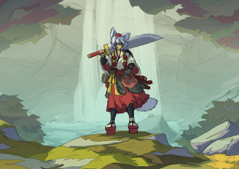 1girl alternate_costume animal_ears commentary_request doggo_1d34 full_body geta grey_hair hat highres holding holding_sword holding_weapon inubashiri_momiji japanese_clothes kimono outdoors pom_pom_(clothes) red_eyes red_hat red_sandals red_skirt sandals skirt solo sword tail tengu-geta tokin_hat touhou water waterfall weapon white_kimono wolf_ears wolf_girl wolf_tail