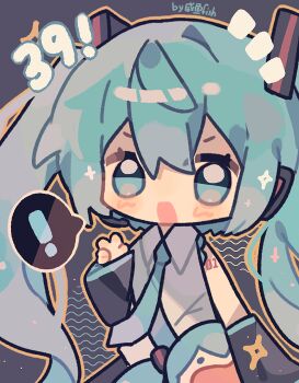 ! 1girl aqua_hair artist_name bare_shoulders black_skirt black_sleeves blue_eyes blue_necktie blush_stickers character_doll chibi chinese_commentary collared_shirt commentary_request cowboy_shot detached_sleeves doll eyelashes grey_background grey_shirt hair_between_eyes hair_ornament happy hatsune_miku headphones highres lace lace-trimmed_shirt lace_trim light_particles long_hair long_sleeves necktie notice_lines number_tattoo open_mouth outline shirt shoulder_tattoo single_hair_intake skirt sleeveless sleeveless_shirt smile solo sparkle speech_bubble spoken_exclamation_mark tattoo twintails v very_long_hair vocaloid wavy_hair xianyu_fish yellow_outline