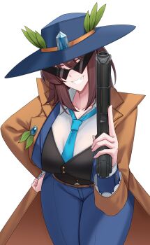 1girl ant_k blue_hat blue_necktie blue_pants breasts brown_coat brown_hair coat commission gensokyo_odyssey grin gun hat highres holding holding_gun holding_weapon jacket kakkoi_elbertson large_breasts necktie pants simple_background smile solo suit_jacket sunglasses third-party_source touhou triangular_eyewear weapon white_background