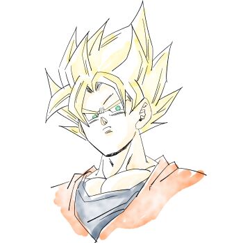 1boy 1rasutotoukou absurdres blonde_hair blue_shirt dragon_ball dragonball_z green_eyes highres looking_at_viewer male_focus medium_hair muscular muscular_male orange_shirt shirt simple_background solo son_goku spiked_hair super_saiyan super_saiyan_1 upper_body white_background