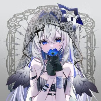 Rule 34 | 1girl, amane kanata, arm tattoo, bare shoulders, black gloves, black veil, black wings, blue eyes, blue flower, blue hair, blue halo, blush, breasts, c10h14n2, colored inner hair, commentary request, flower, gloves, gradient wings, grey wings, hair between eyes, halo, holding, holding flower, hololive, long hair, looking at viewer, multicolored hair, multicolored wings, small breasts, solo, star halo, tattoo, tilted halo, veil, very long hair, virtual youtuber, wings
