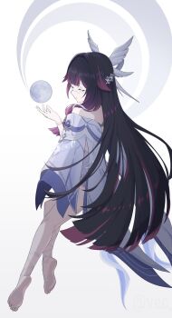 Rule 34 | 1girl, black hair, closed eyes, columbina (genshin impact), commentary request, dress, eye mask, full body, genshin impact, hair over shoulder, head wings, highres, long hair, mask, moon, multicolored hair, off-shoulder dress, off shoulder, pink hair, soles, solo, thigh strap, two-tone hair, vec ka, very long hair, white background, white dress, white wings, wings