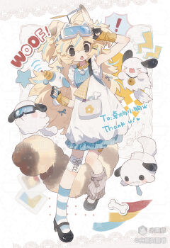 ! 1girl :o arm_warmers asymmetrical_legwear bai_xiong_nailaojuan bare_shoulders black_gloves black_shoes blonde_hair blue_dress blue_hair blue_socks brown_eyes commission double-parted_bangs dress fingerless_gloves full_body gloves hair_between_eyes highres leg_warmers long_hair mary_janes mihuashi_username mismatched_legwear multicolored_hair open_mouth original shoes sleeveless sleeveless_dress socks solo standing standing_on_one_leg streaked_hair striped_clothes striped_dress striped_socks thank_you two-tone_hair vertical-striped_clothes vertical-striped_dress