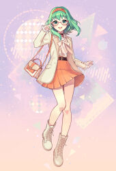 Rule 34 | 1girl, :d, a.i. voice, bag, black choker, blush, boots, bow, brown bow, choker, commentary request, cross-laced footwear, frilled sleeves, frills, full body, glasses, green eyes, green hair, gumi, gumi (a.i. voice), hairband, hand up, handbag, highres, jacket, lace-up boots, looking at viewer, nou (nounknown), open clothes, open jacket, open mouth, orange hairband, orange skirt, plaid, plaid bow, pleated skirt, red-framed eyewear, semi-rimless eyewear, shirt, shoulder bag, skirt, smile, solo, sweater vest, teeth, under-rim eyewear, upper teeth only, vocaloid, white footwear, white jacket, white shirt