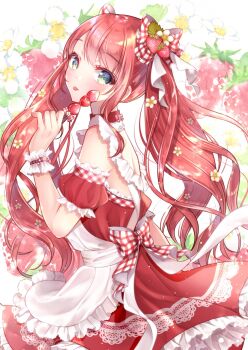 1girl apron bare_shoulders bareback blue_eyes blush bow candy detached_sleeves dress ears_visible_through_hair floral_background food fruit green_eyes hair_bow hair_ornament highres lollipop long_hair looking_at_viewer looking_to_the_side multicolored_eyes original red_bow red_dress red_hair sidelocks solo strawberry tongue tongue_out twintails wrist_cuffs wristband yugaa