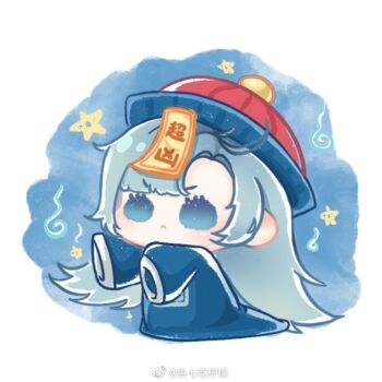 Rule 34 | 1girl, :<, absurdly long hair, aqua hair, blue background, blue eyes, blue hanfu, blunt bangs, border, chibi, chinese clothes, closed mouth, colored eyelashes, determined, frown, hanfu, hat, hitodama, jiangshi costume, light blush, long hair, long sleeves, looking ahead, marina (shining nikki), messy hair, nikki (series), ofuda, ofuda on head, outstretched arms, puffy long sleeves, puffy sleeves, qingdai guanmao, red hat, round border, shining nikki, sleeves past fingers, sleeves past wrists, solid oval eyes, solo, star (symbol), v-shaped eyebrows, very long hair, watermark, weibo watermark, white border, xiaoyu qixing, zombie pose