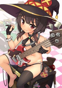 >:) 1girl bandaged_leg bandages barefoot bass_guitar bikini black_bikini black_gloves black_headwear black_thighhighs blush bracelet breasts buckle closed_mouth collar collarbone commentary_request drum drum_set glint gloves halterneck hat highres holding instrument jewelry jovejun kono_subarashii_sekai_ni_shukufuku_wo! looking_at_viewer megumin multi-strapped_bikini navel partially_fingerless_gloves plectrum red_eyes ribbon short_hair_with_long_locks side-tie_bikini_bottom sidelocks single_thighhigh sitting small_breasts smile solo_focus staff studded_choker swimsuit thighhighs v-shaped_eyebrows white_ribbon witch_hat