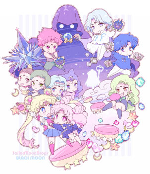 Rule 34 | 3boys, 6+girls, bad id, bad pixiv id, beruche (sailor moon), bishoujo senshi sailor moon, bishoujo senshi sailor moon r, black moon clan, blonde hair, blue hair, blue sailor collar, blue skirt, boots, braid, braided bangs, brown eyes, brown hair, calaveras (sailor moon), chibi, chibi usa, circlet, cone hair bun, crescent, crescent facial mark, crystal, crystal ball, crystal earrings, double bun, earrings, esmeraude (sailor moon), facial mark, forehead jewel, forehead mark, gem, green eyes, green hair, hair bun, highres, jewelry, knee boots, koan (sailor moon), long hair, magical boy, meiou setsuna, moon stick, multiple boys, multiple girls, pale color, petz (sailor moon), pink eyes, pink hair, pleated skirt, prince demande, purple eyes, purple hair, red eyes, ribbon, rubeus (sailor moon), sailor collar, sailor moon, sailor pluto, saki (hxaxcxk), saphir (sailor moon), school uniform, serafuku, short hair, silhouette, skirt, sparkle, staff, star (symbol), striped background, tsukino usagi, twintails, wiseman (sailor moon)